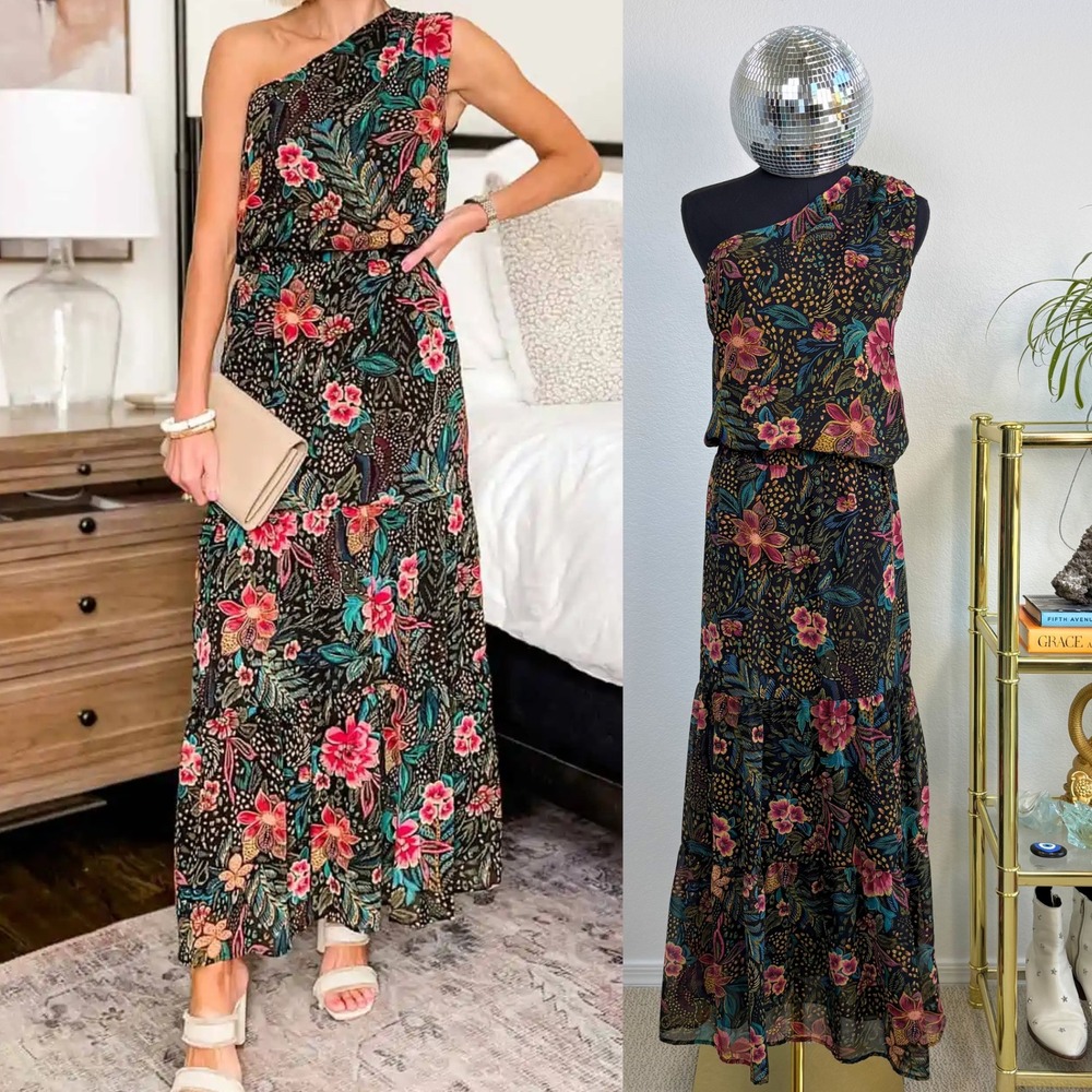 Evereve Azalea One Shoulder Top and Maxi Skirt Set | Tropical Black boho NWT XS